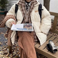F614P88美式复古宽松防风面包服设计感拼接格子翻领棉服加，男装棉衣，星座512-6