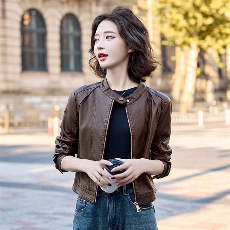 现货水洗双色皮衣2025年女秋季新款时尚百搭短款外套,女装皮衣,英标秀（1C119）