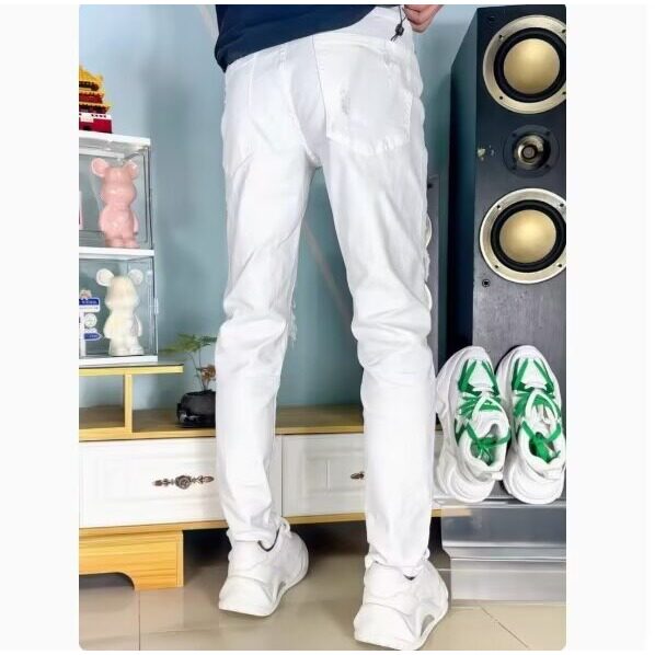 简约白色牛仔裤男修身小直筒破洞乞丐裤夏季新款时尚刮烂长裤,男装牛仔裤,星座1210-1