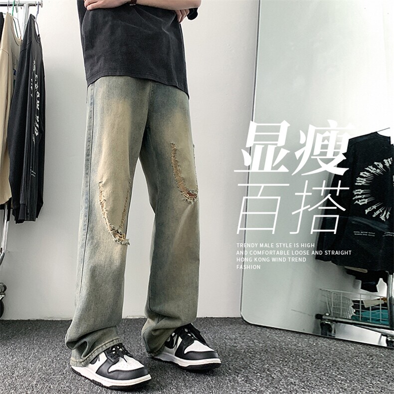 美式高街破洞微喇牛仔裤港风水洗牛仔裤喇叭裤XZ302B-1-K636P50图片
