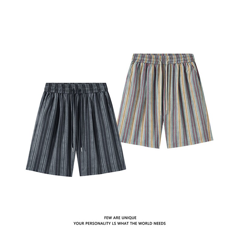 抖音品质夏季新款日系复古条纹冰丝短裤男宽松休闲-A2126TP22控38图片