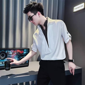 假两件男士衬衫短袖七分袖T恤夏季2025新款夏装衬衣V领POLO图片
