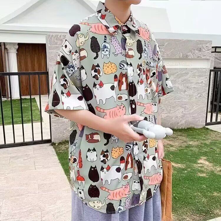 ins夏威夷沙滩衬衫男短袖宽松青少年小众设计感花衬衣ins潮牌炸街图片