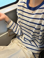 条纹长袖针织衫女宽松休闲百搭上衣，女装针织衫/毛衣，伟祺羊绒