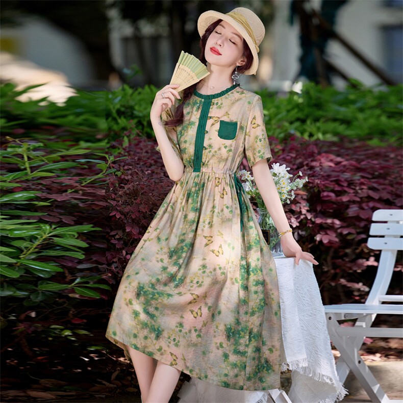 复古印花亚麻短袖连衣裙女2025夏季抽绳收腰显瘦显瘦休闲棉麻裙子,女装连衣裙,魅影