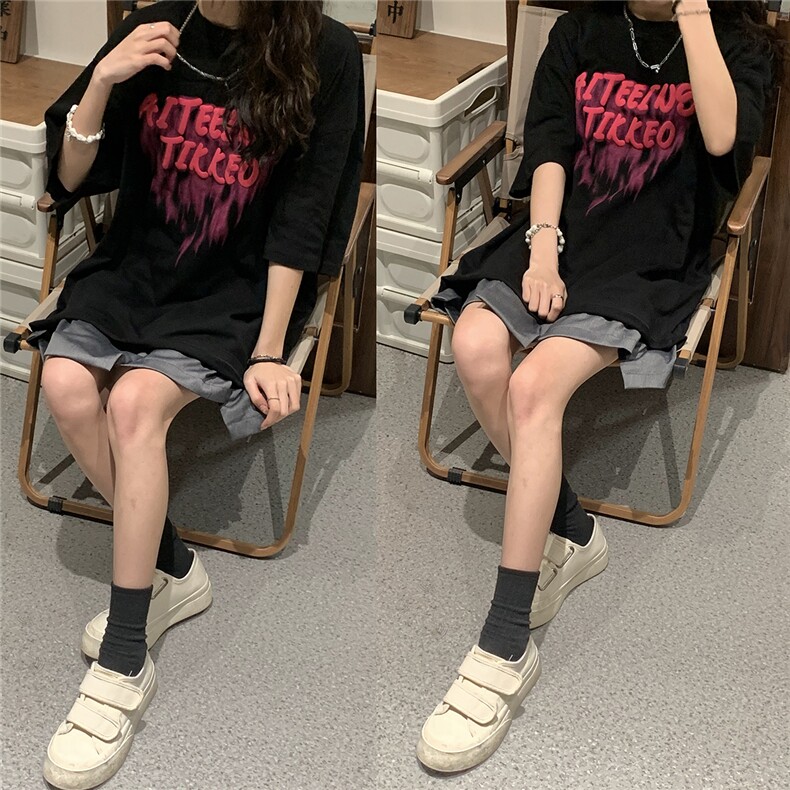 发泡印花宽松休闲BF慵懒风潮流夏季女装短袖T恤衫D328-T245-P28,女装T恤,电商D328