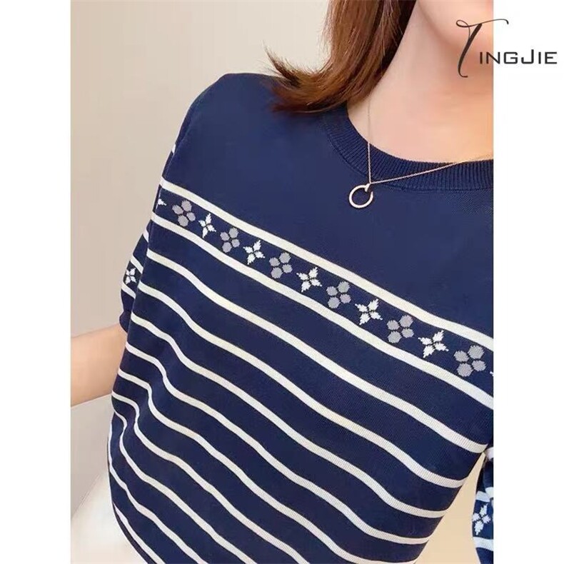 夏季显瘦时尚百搭条纹提花圆领短袖，女装T恤，百纯羊绒