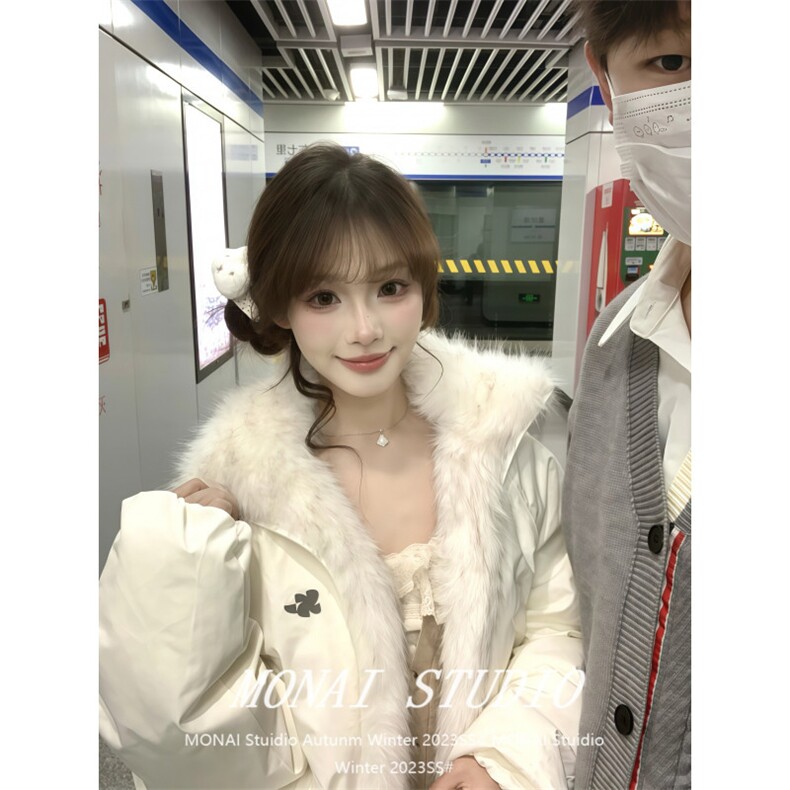1506A/G78870/P92新款温柔甜纯风米白色毛毛拼接棉服,男装棉衣,星座1506A
