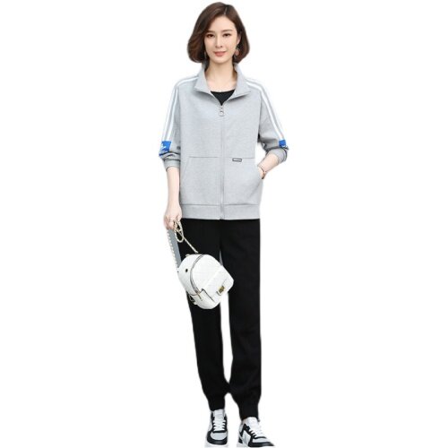2022春季新款简约时尚气质立领个性拉链开衫宽松休闲两件套,女装套装/套裙,丽影随形