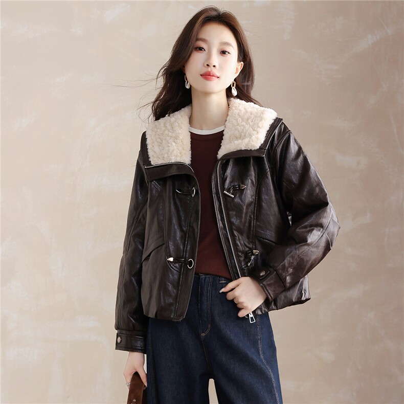 现货！现货！加绒加厚皮衣女2025冬季新款羊羔毛翻领棉衣棉服,女装棉衣/棉服,以桐