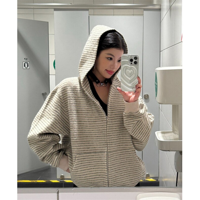 美式复古条纹拉链开衫连帽卫衣男女宽松休闲百搭情侣外套WA231,女装短外套,星座1116A（原606A-3）