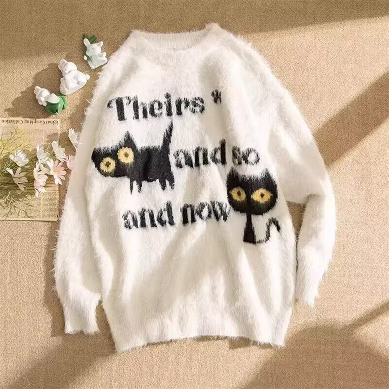 复古像素猫咪提花圆领毛衣男女秋冬宽松舒适百搭针织衫W7365P48,男装针织衫/毛衣,星座1112-1