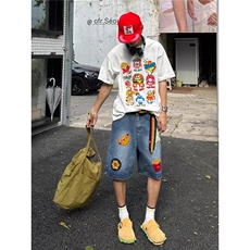 美式复古创意薯条热狗毛巾绣牛仔短裤夏季男女高街直筒宽松五分裤，男装牛仔裤，星座506A
