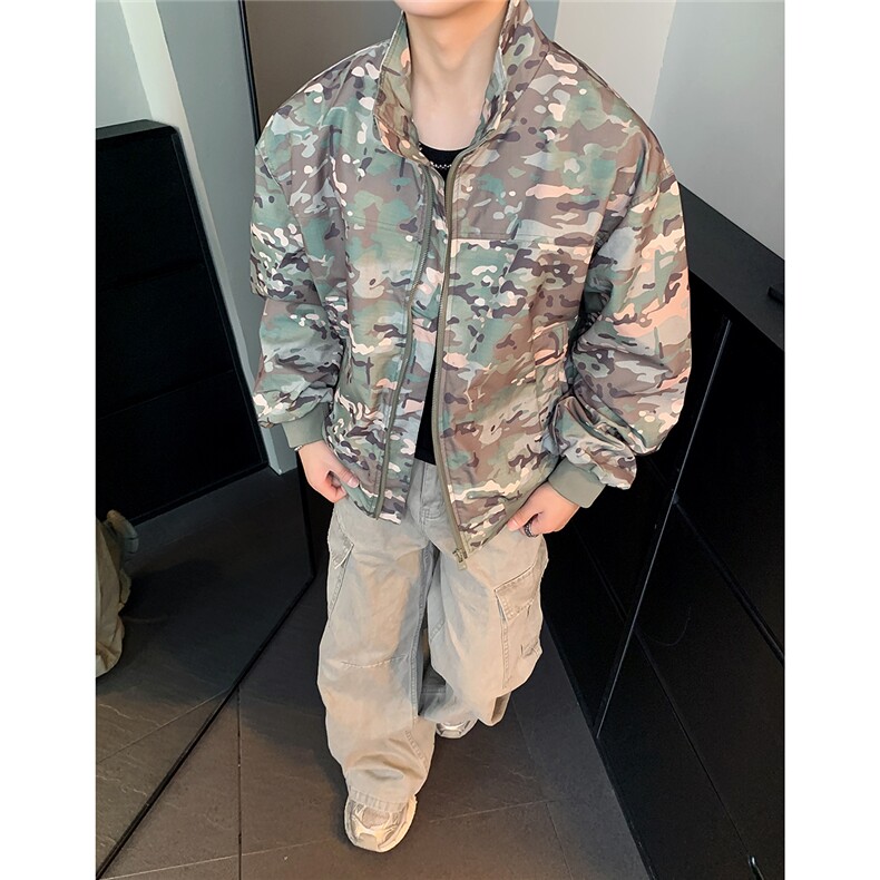 美式教练夹克立领休闲潮流痞帅付春秋季工装迷彩飞行夹克图片