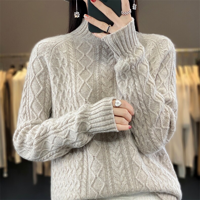 半高领羊毛衫女秋冬2024年新款潮短款纯色百搭紧身螺纹打底衫,女装羊毛衫,蒙特羊绒
