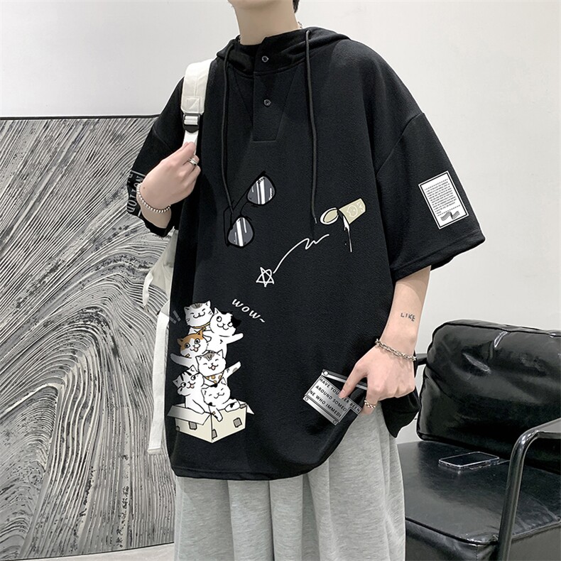 LD54115-P45连帽短袖t恤男大码胖子带帽五分袖中袖大皂风,男装T恤,电商A040