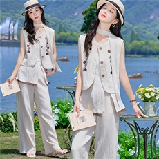 （新款现货）2026夏装时尚莱赛尔蕾丝刺绣马甲+屁帘阔腿裤两件套，女装套装/套裙，印象茜