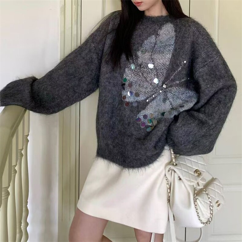 2025年秋季时尚百搭通勤简约休闲蝴蝶圆领针织衫，女装针织衫/毛衣，臻纶羊绒