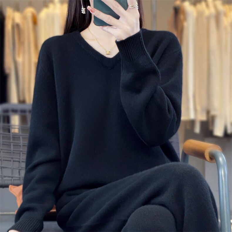 V领拼色羊毛衫两件套女长袖针织毛衣小脚裤宽松羊绒衫套装,女装套装/套裙,宛庄羊绒