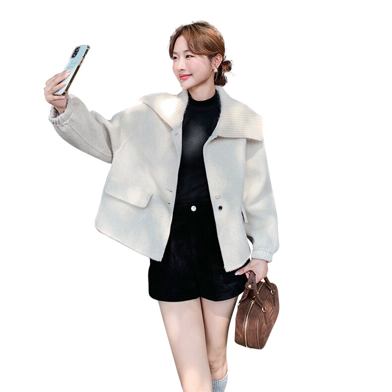 针织翻领白色双面羊绒外套女秋冬超火好看高级感加厚毛呢夹克上衣,女装毛呢外套,2C015