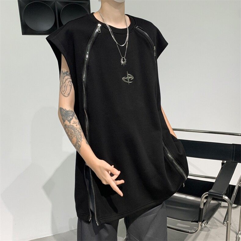 C413-P34 2024新款美式hiphop体恤背心潮牌拉链坎肩无袖t恤 现货图片