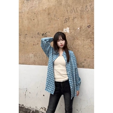 TC609-P45复古格子长袖衬衫女夏季慵懒风开衫polo领口格纹衬衣，女装衬衫，星座617A-2