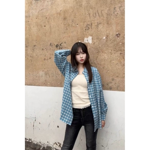 TC609-P45复古格子长袖衬衫女夏季慵懒风开衫polo领口格纹衬衣,女装衬衫,星座617A-2