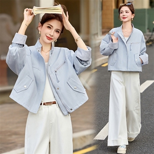 条纹袖口休闲短款蓝色外套女2026春秋新款小个子减龄百搭夹克上衣图片