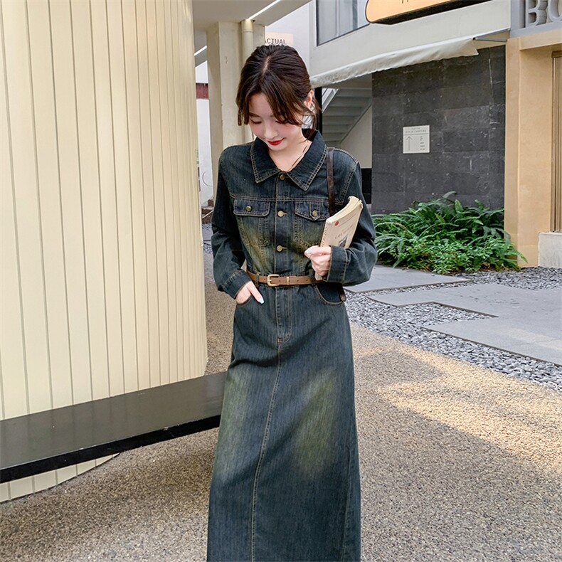 （现货）2026春装新款时尚休闲复古色中长款牛仔连衣裙（配腰带）,女装连衣裙,印象茜