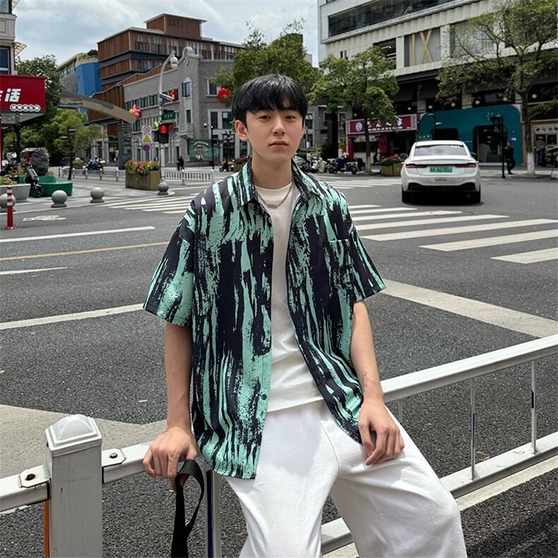 CS506～批35控49有货（自家图）黑白水墨花痞帅衬衫男生短袖夏季，男装衬衫，星座218-5