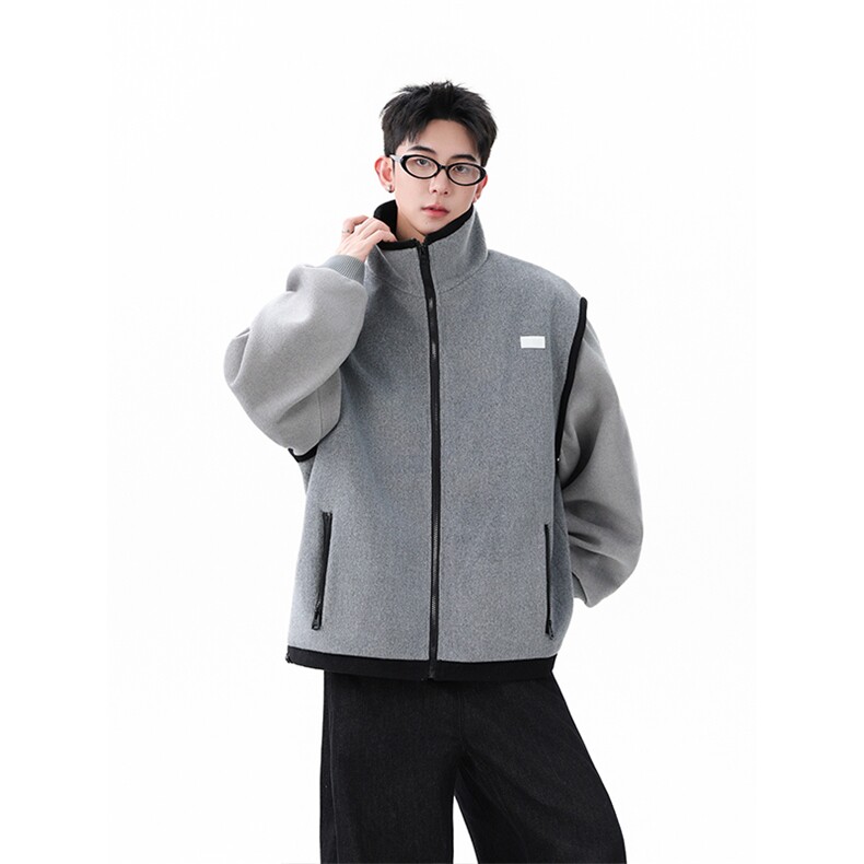 灰色拼接毛呢外套男宽松休闲日常上衣潮XZ201-2A769P148，女装短外套，星座201-2