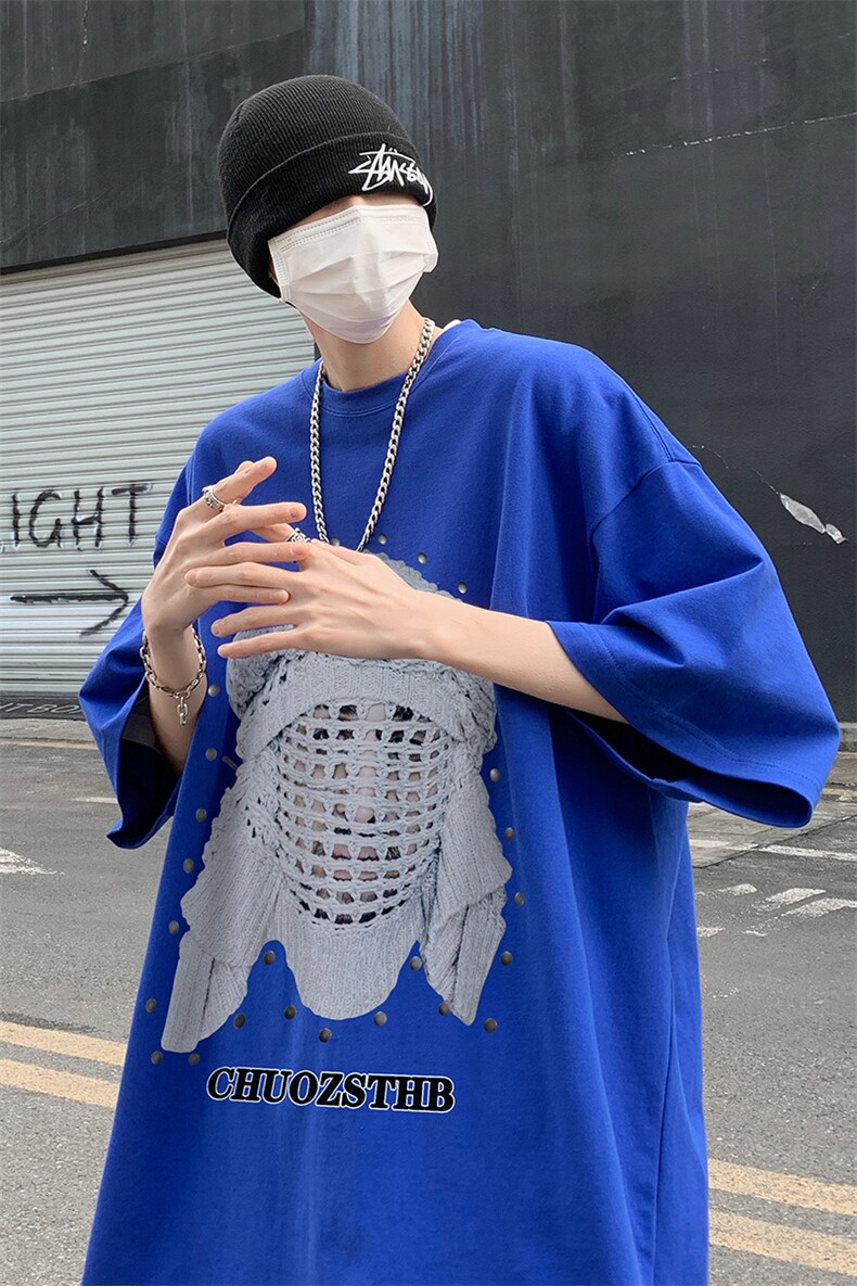 B239-1099-P25美式柳钉人像印花夏季高街重磅落肩袖短袖T恤男,男装T恤,星座514-2(原B239)