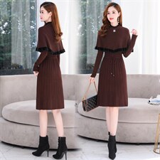 2021年秋季新款气质显瘦两件套斗篷毛衣连衣裙，女装连衣裙，金典明美