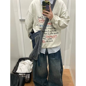 美式复古圆领卫衣女秋冬季oversize宽松加厚潮牌字母印花上衣图片