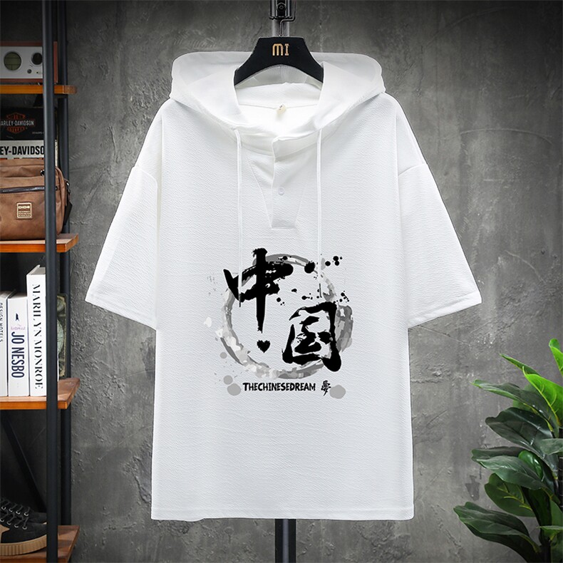 LD54134-P45 连帽短袖t恤男大码胖子带帽五分袖中袖 展架图片