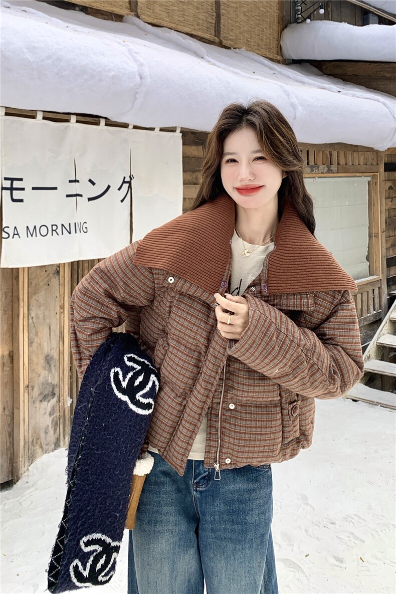 格子拼接毛线大翻领百搭短款羽绒服女2025冬季新款复古白鸭绒外套,女装羽绒服,2C159