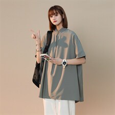 C2027/P35夏季男士立领衬衫男女中性风宽松大码短袖衬衣男控48图片