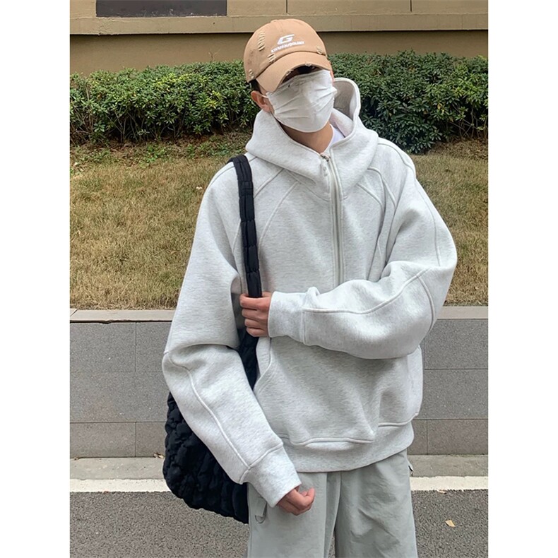 抖音得物二开美式重磅宽松结构拉链设计防风高领连帽卫衣外套W76,男装卫衣,电商A486-1