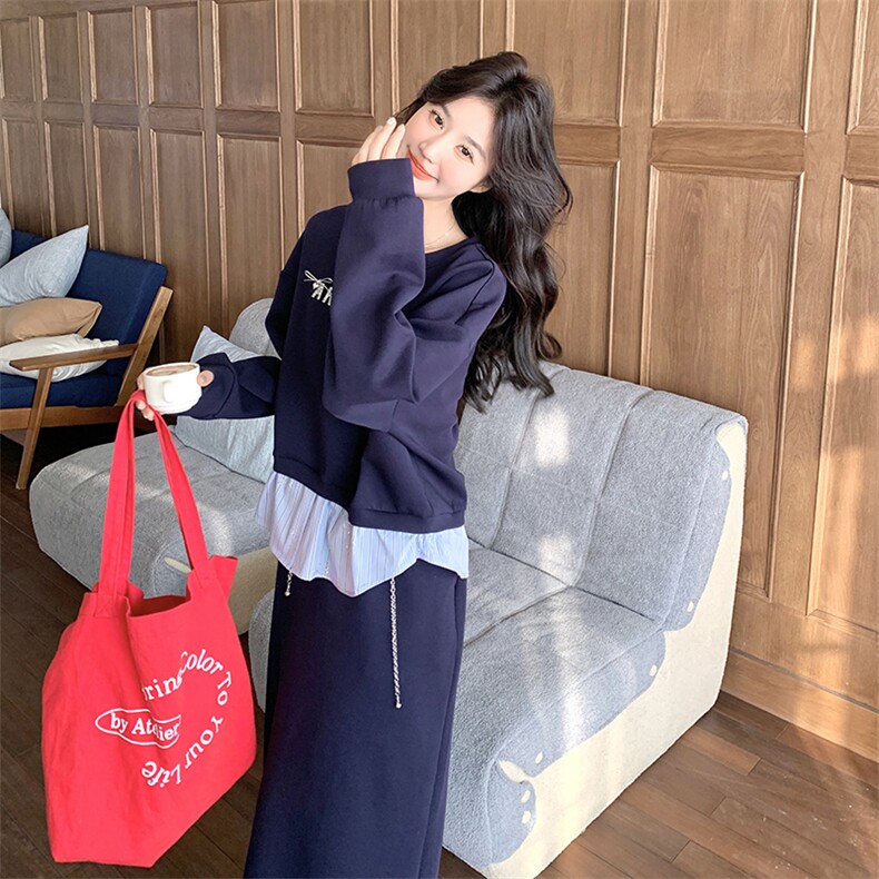 藏青色卫衣套装裙女春2025新款韩版印花长袖上衣A字半身裙两件套,女装套装/套裙,浙宝220