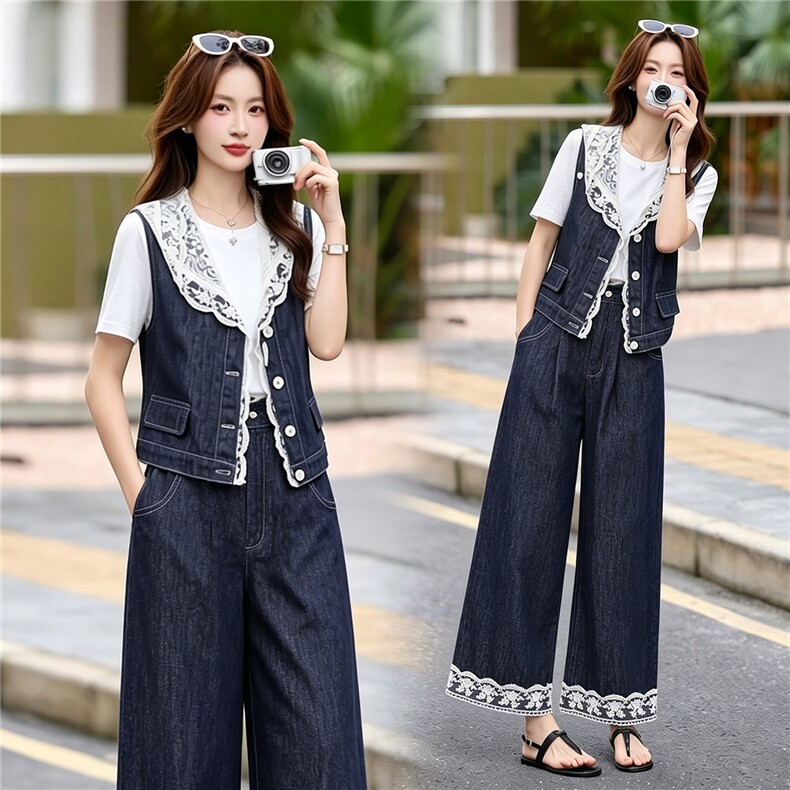 现货牛仔套装女2026夏季新款高级感韩里韩气蕾丝马甲阔腿裤穿搭,女装套装/套裙,艾仟回(原伊仟回)