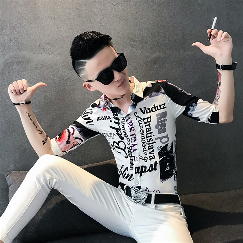 312A-902发型师中袖衬衫夏季新款修身人物字母印花衬衣-4,男装衬衫,星座312A