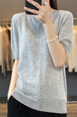 短袖针织衫女薄款夏短款宽松外穿上衣纯色半袖打底小衫，女装T恤，越洋羊