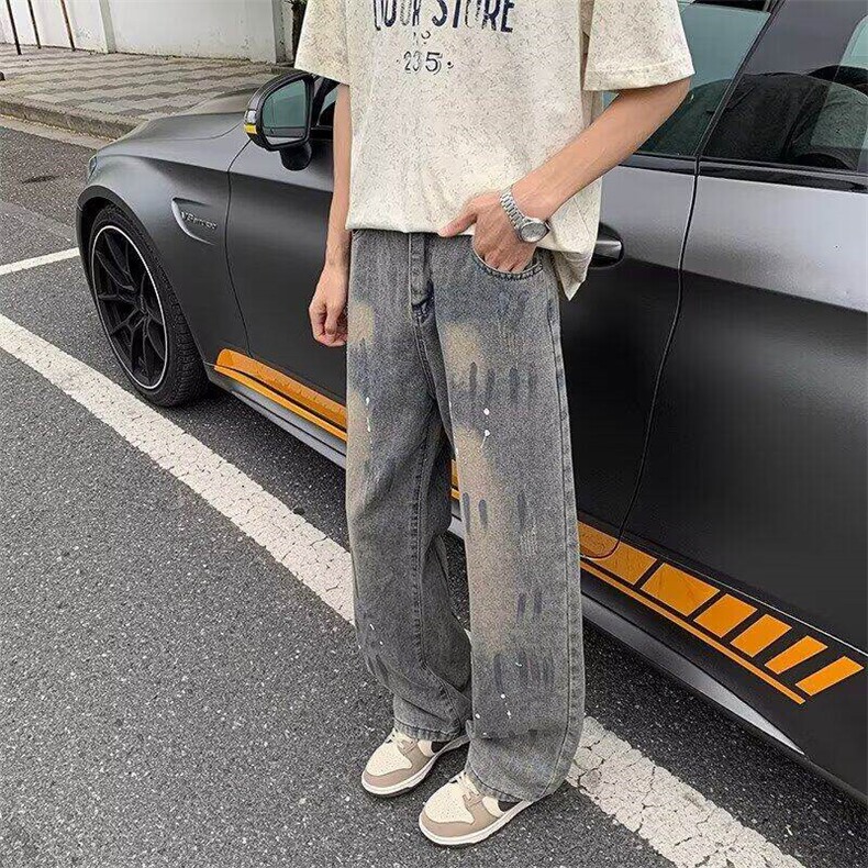 美式复古泼墨牛仔裤男夏季设计感裤子高街vibe直筒微喇LA4500-P45,男装牛仔裤,星座1008