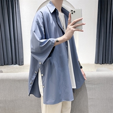 新款纯色侧边排扣开叉小众男女短袖衬衫A071-C17-P35，男装衬衫，电商A071