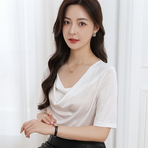 2025三醋酸五分袖荡领T恤女丝滑缎面短袖皱褶中袖薄款打底上衣图片