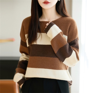 2025年秋季时尚百搭通勤简约休闲拼色圆领针织衫，女装针织衫/毛衣，郡淞羊绒