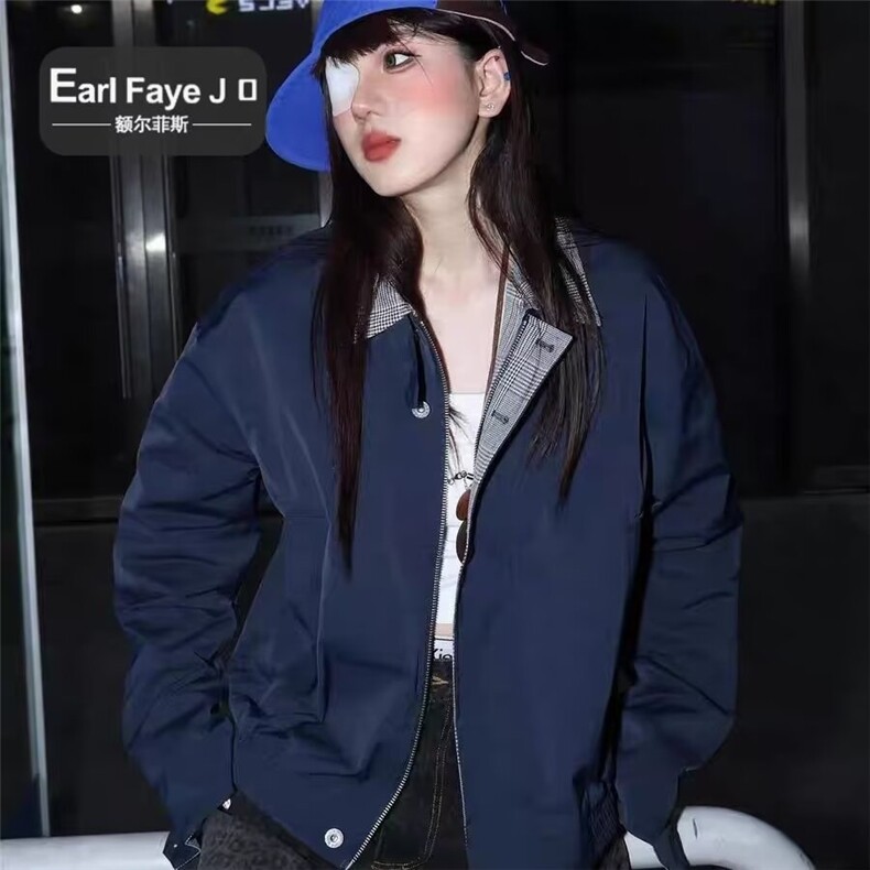 复古格纹拼接假两件棉服外套男女春秋季新款保暖棒球服夹克翻领,男装夹克,星座506A