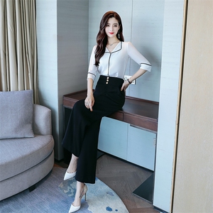 高级美容院工作服女职业气质休闲套装薄款阔腿裤白衬衫上衣黑裤子图片