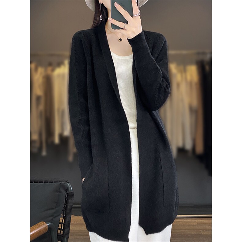 25秋冬100%纯羊毛开衫女披肩针织毛衣宽松带兜外套慵懒羊绒衫上衣,女装羊毛衫,绒汀羊绒