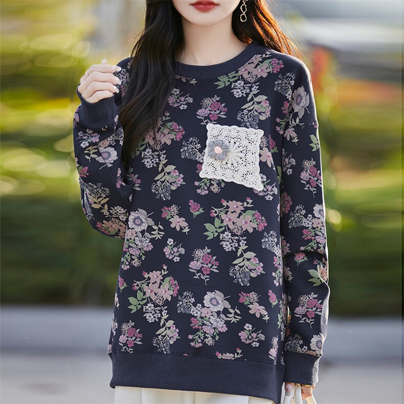 卫衣女2024年秋季圆领长袖时尚碎花套头显瘦上衣,女装卫衣/绒衫,佳绒高端店